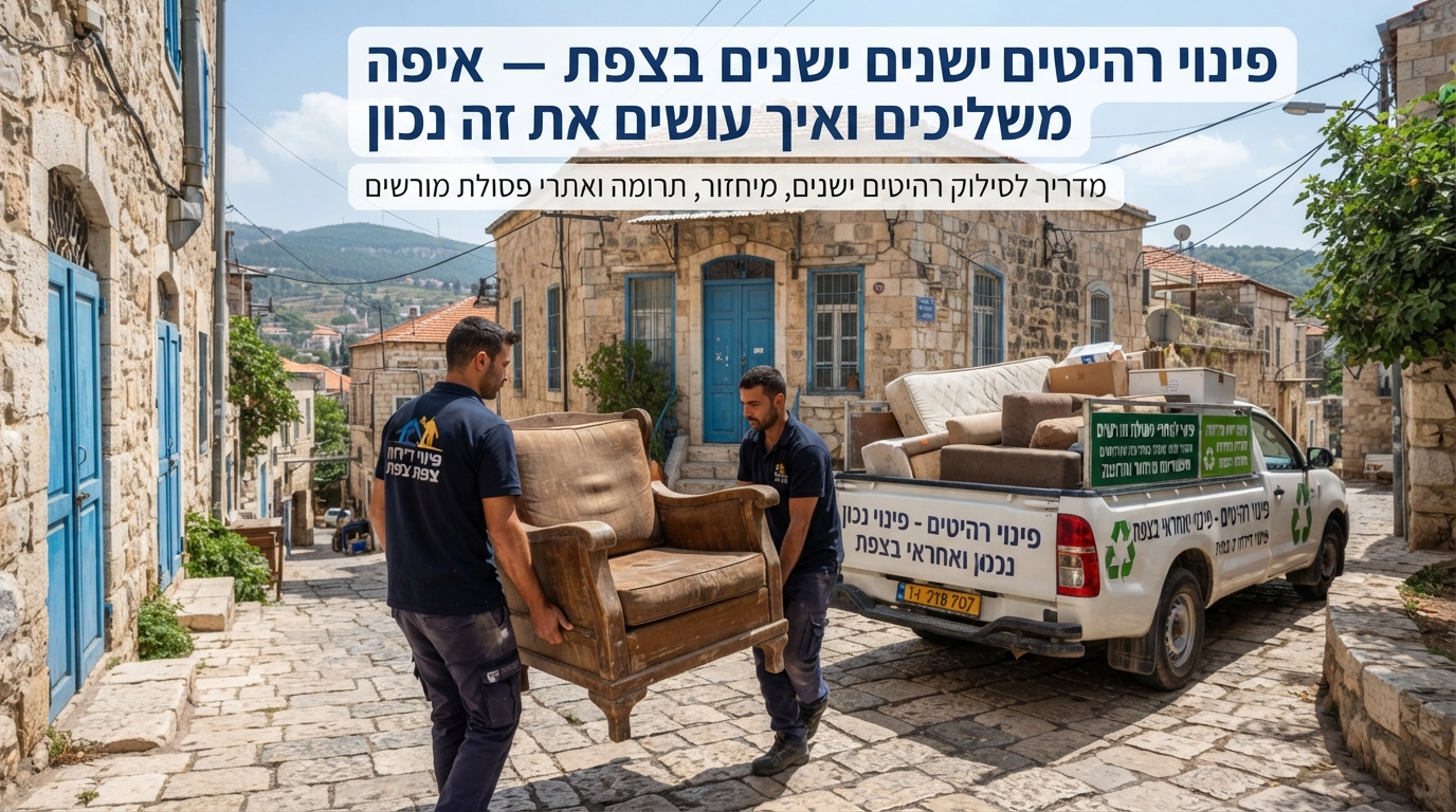 צוות מקצועי מפנה רהיטים ישנים מדירה בצפת בצורה מסודרת, כחלק מתהליך פינוי דירה ומיחזור ידידותי לסביבה.