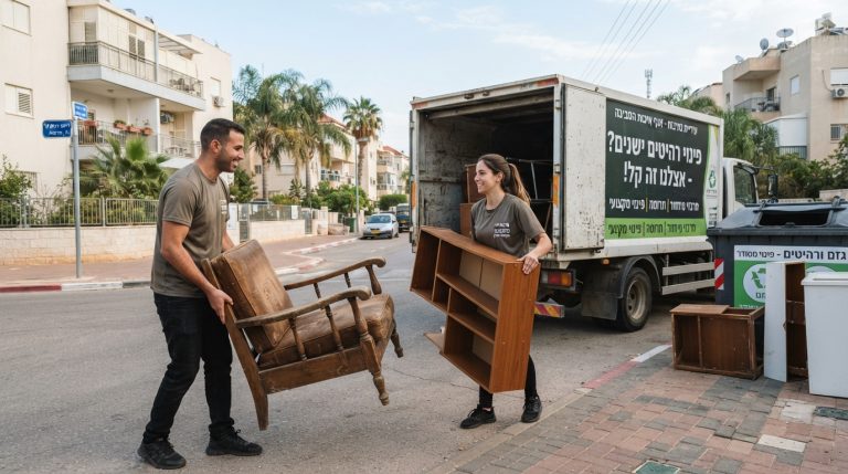 משאית פינוי מקצועית לצד רהיטים ישנים כמו ספה וארון ברחוב בנתיבות, המייצגת פתרונות של השלכת רהיטים, תרומה או מיחזור בעיר.