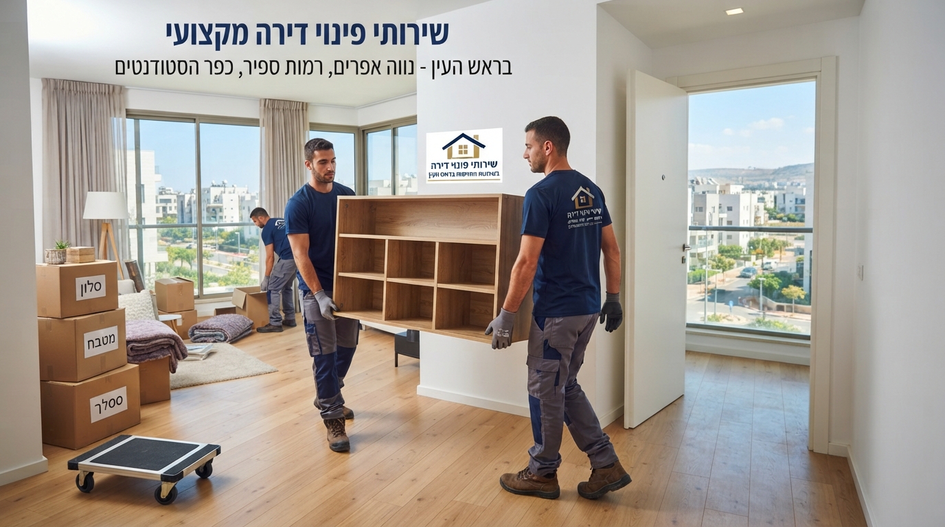 צוות מקצועי של חברת פינוי דירות בפעילות מחוץ לבניין מגורים חדיש ומודרני בשכונות החדשות של ראש העין.