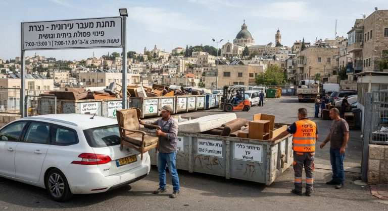 רהיטים ישנים וספה המיועדים לפינוי ומיחזור בנצרת, הממחישים פתרונות לפינוי פסולת גושית בעיר.