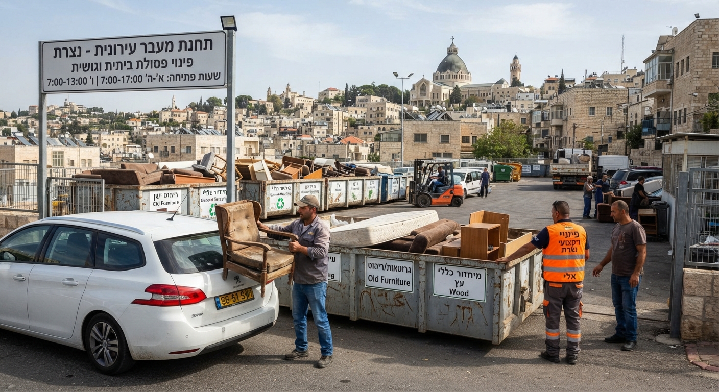 רהיטים ישנים וספה המיועדים לפינוי ומיחזור בנצרת, הממחישים פתרונות לפינוי פסולת גושית בעיר.
