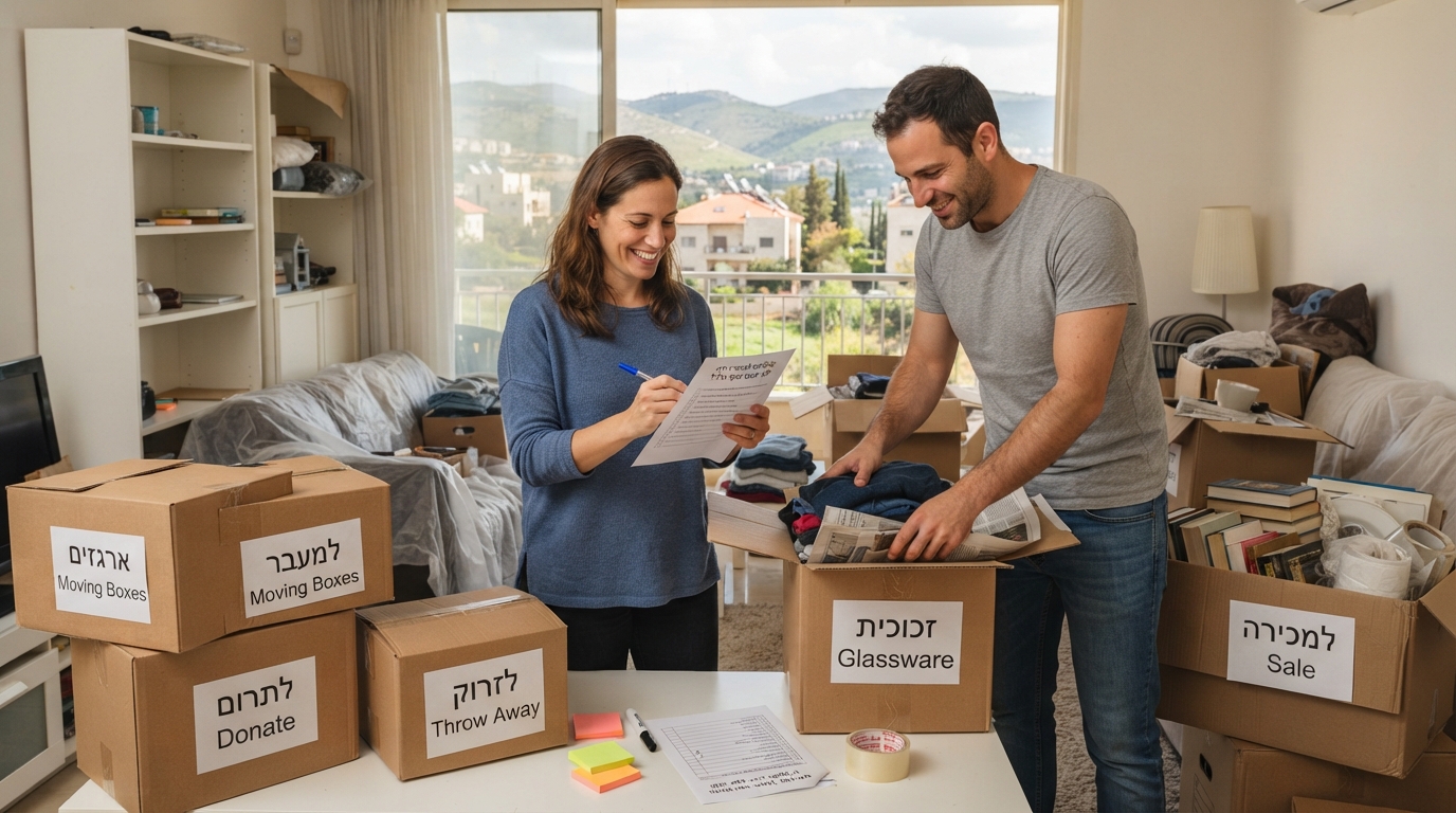 אדם נעזר בצ'קליסט וממיין חפצים בדירה מוארת בנוף הגליל, לצד ארגזים ארוזים כהכנה לפינוי דירה ומעבר.