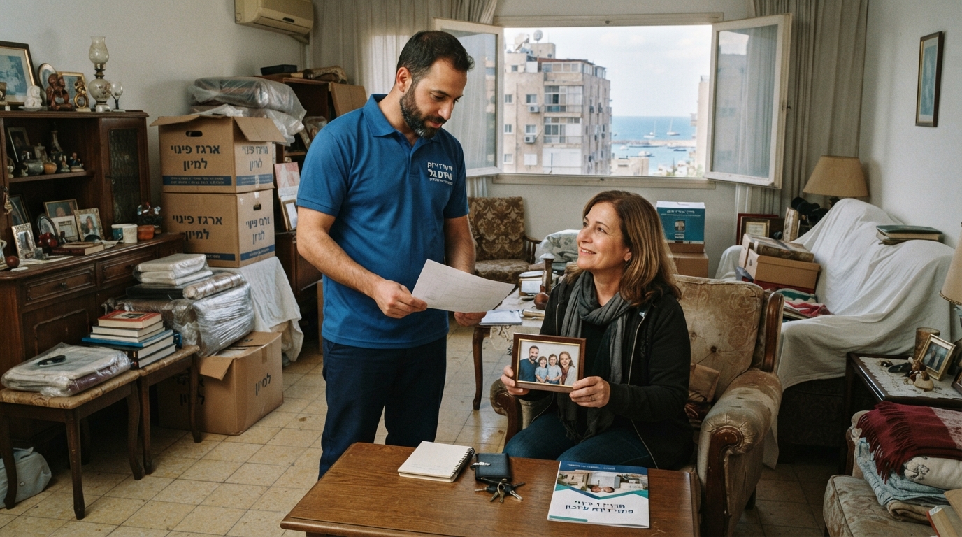 דירה מוארת בבת ים בתהליך מיון ופינוי תכולה של דירת עיזבון וירושה, עם ארגזים מסודרים בצורה מכובדת.