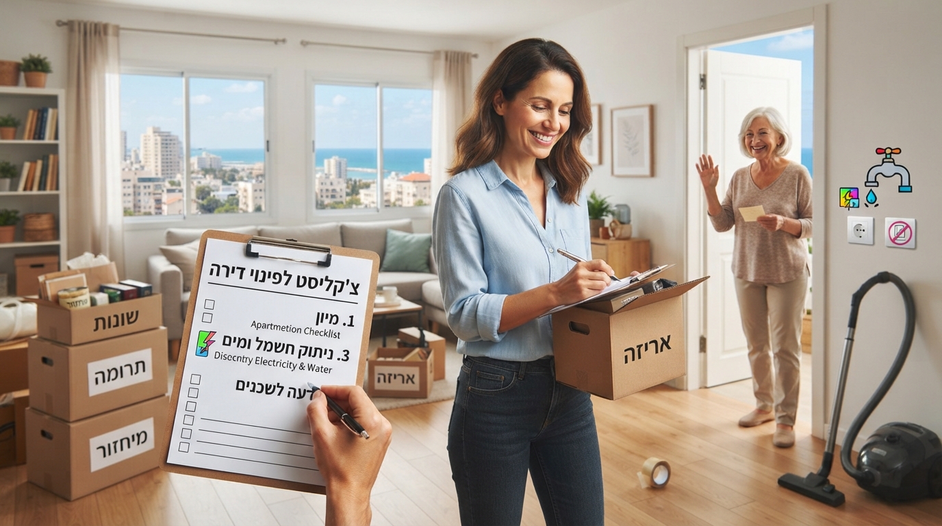 סלון דירה מואר בנהריה בתהליך אריזה, עם ארגזי קרטון מסודרים, ולוח כתיבה עם צ'קליסט משימות הכולל מיון ואריזה לקראת פינוי דירה.