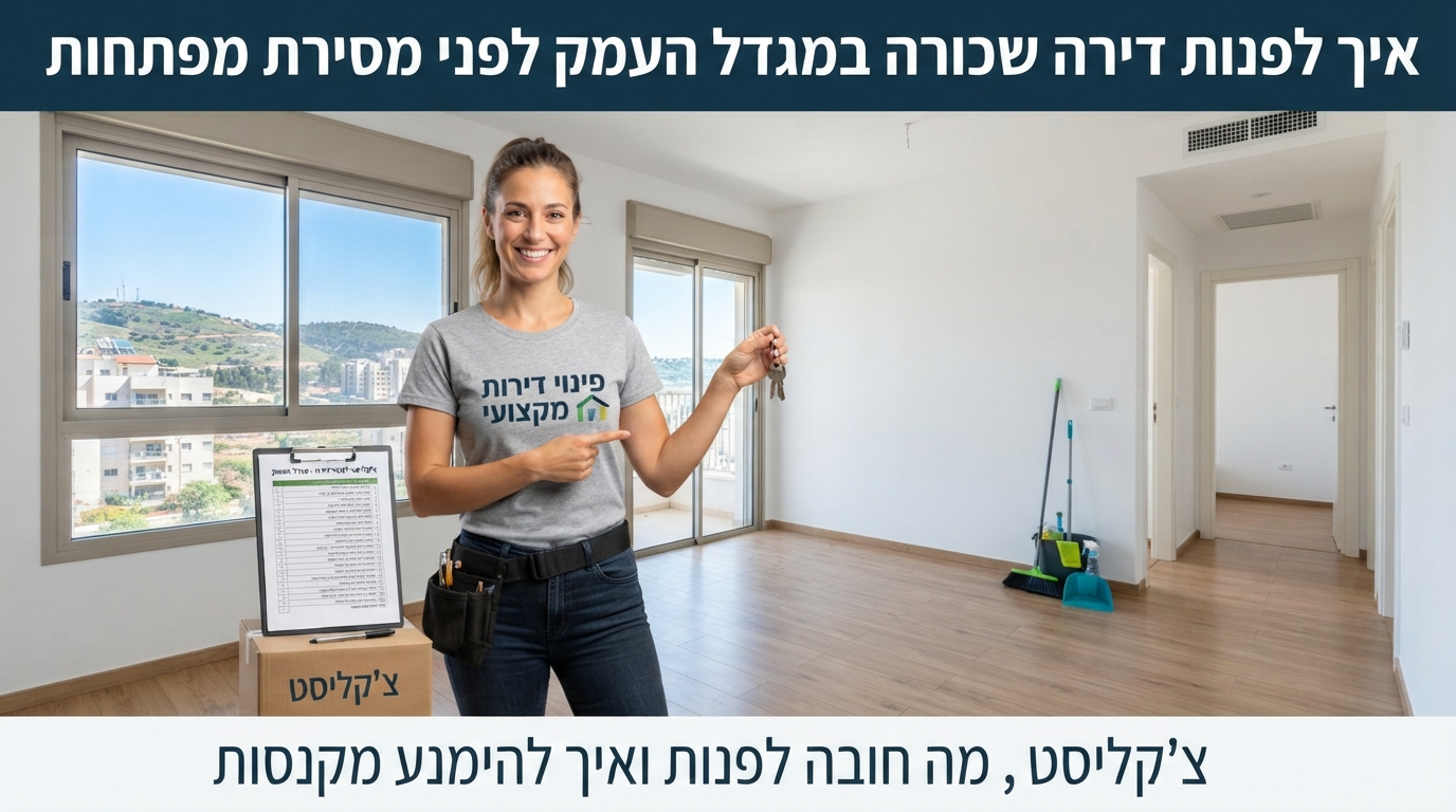 דירה שכורה במגדל העמק בתהליך פינוי, עם ארגזים ארוזים ומפתח על השולחן לקראת מסירה מסודרת למשכיר.
