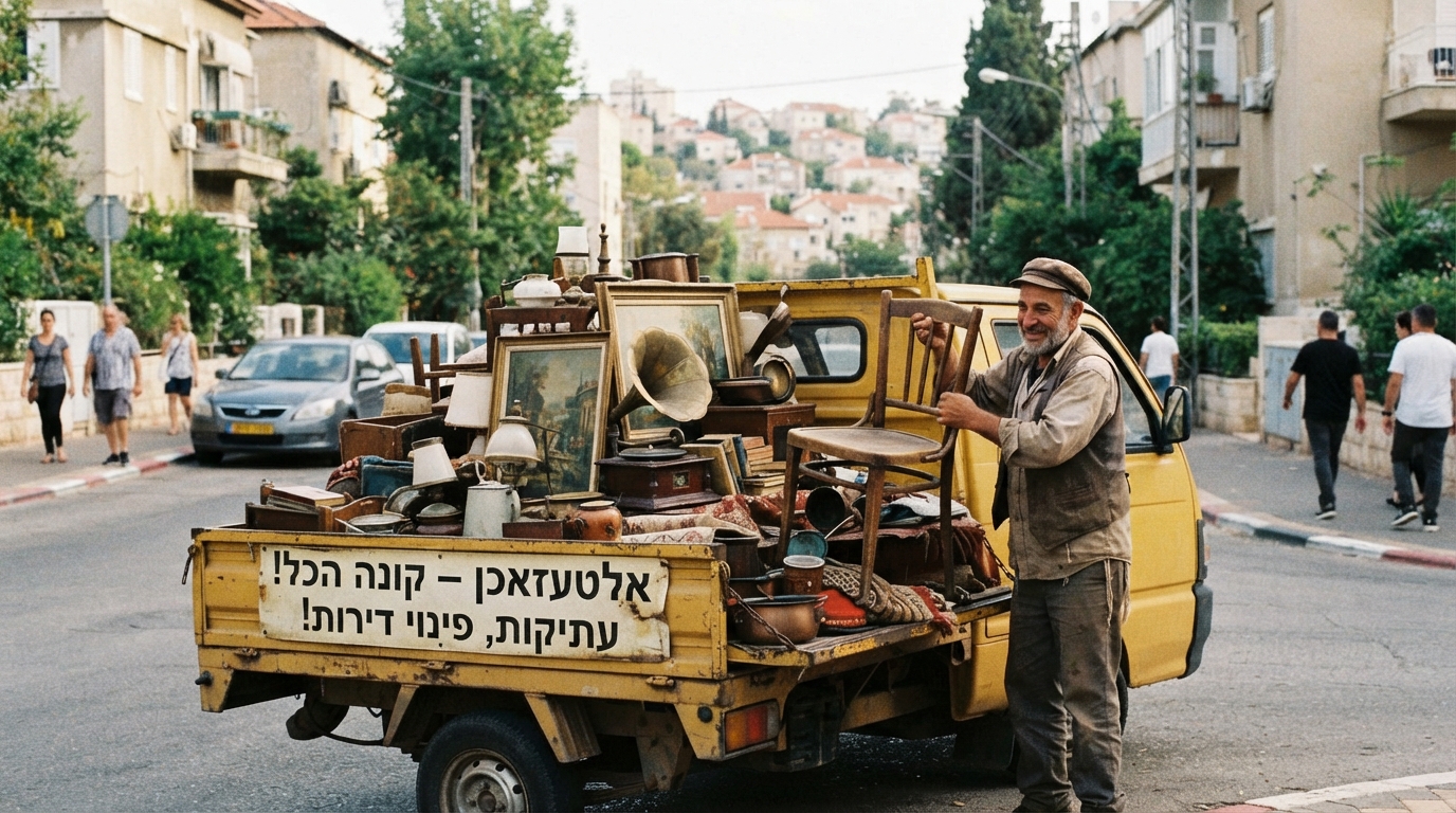 סלון דירה בגבעתיים בתהליך פינוי, המציג חפצי וינטג' ואלטעזאכן נוסטלגיים לצד חלל מגורים נקי, מרווח ומסודר לאחר פינוי דירה מקצועי.