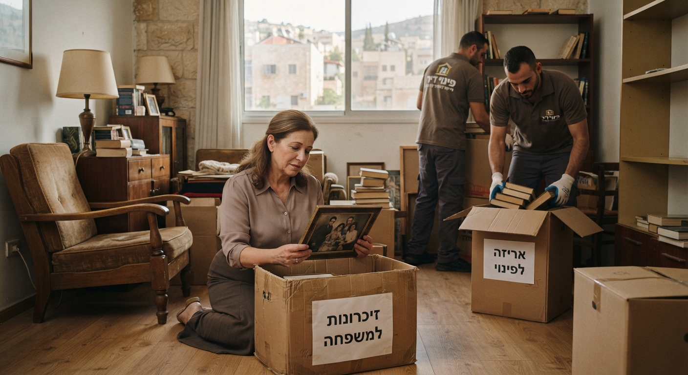 סלון מואר בדירה בבית שמש במהלך פינוי עיזבון, עם ארגזי קרטון ארוזים ומסודרים בצורה מכבדת וחפצים אישיים ממוינים.