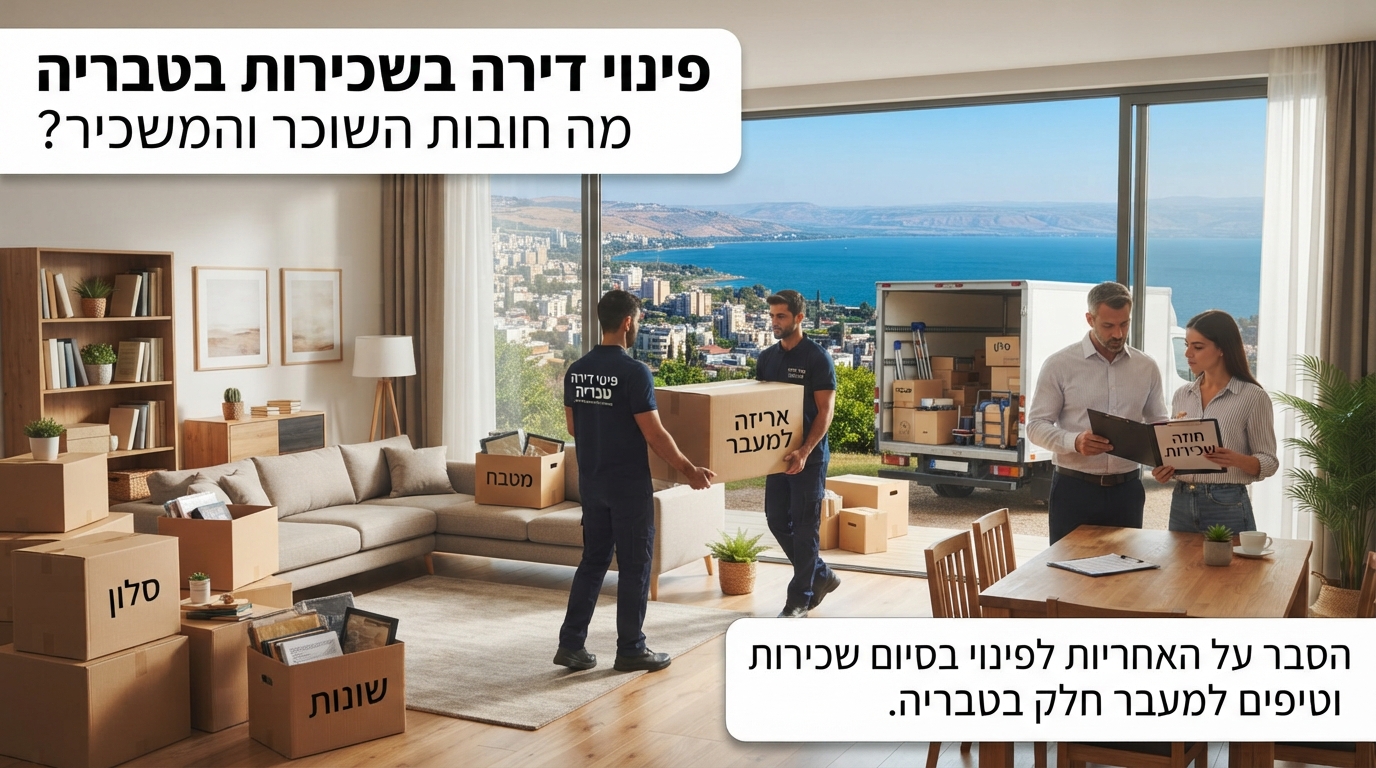 ארגזי קרטון ארוזים ודירה בתהליך פינוי ומעבר בטבריה, על רקע חלון המשקיף לעיר, מייצגים את סיום חוזה השכירות בין השוכר למשכיר.