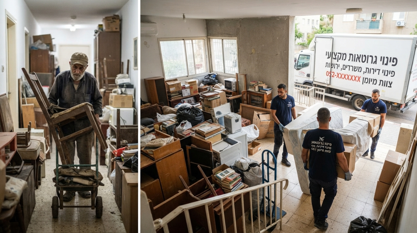 צוות מקצועי של חברת פינוי דירות מפנה גרוטאות וריהוט כבד מדירה עמוסה בצורה מסודרת ובטוחה.