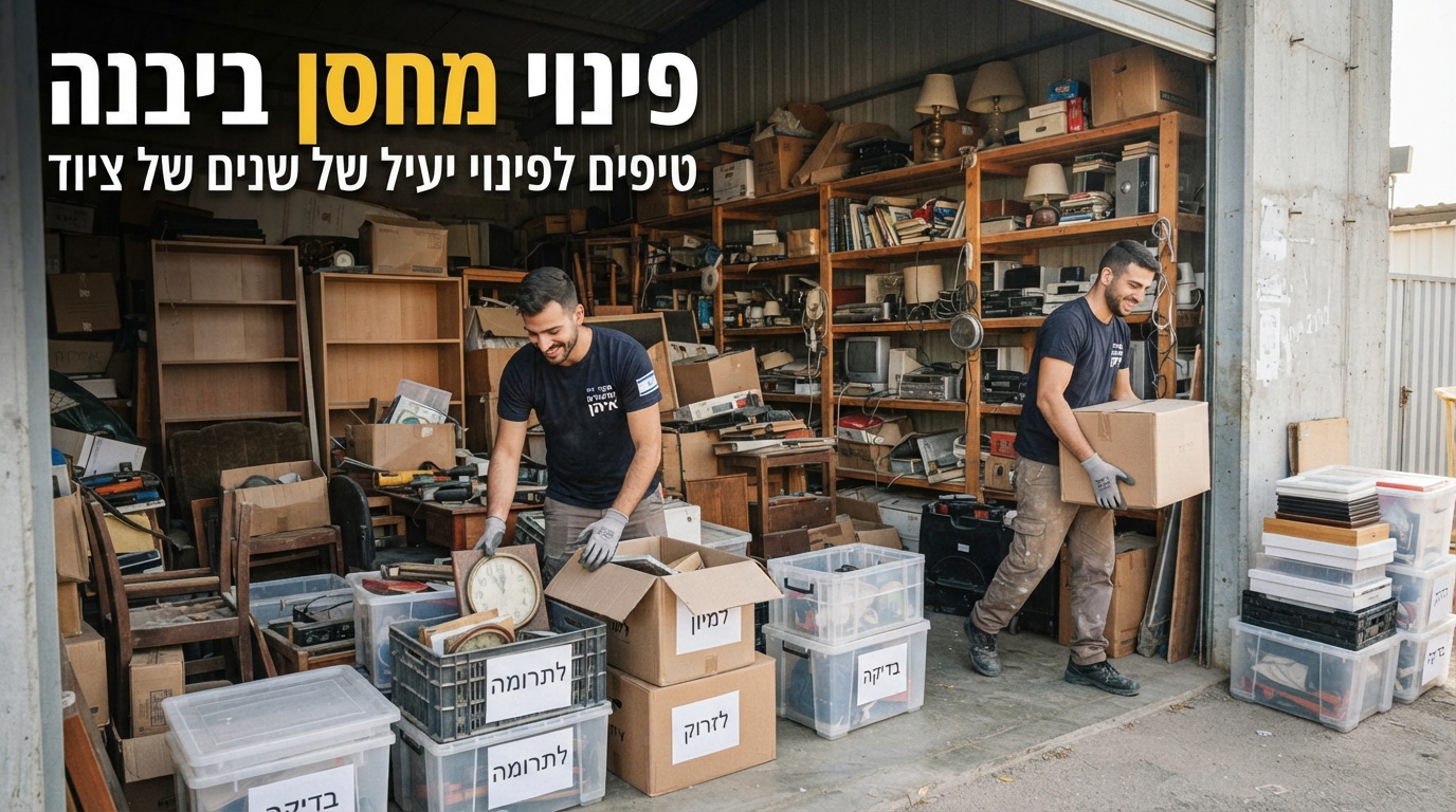 תהליך פינוי וסידור של מחסן עמוס בקופסאות וציוד ישן ביבנה, המציג מיון יעיל של חפצים שנצברו לאורך שנים.