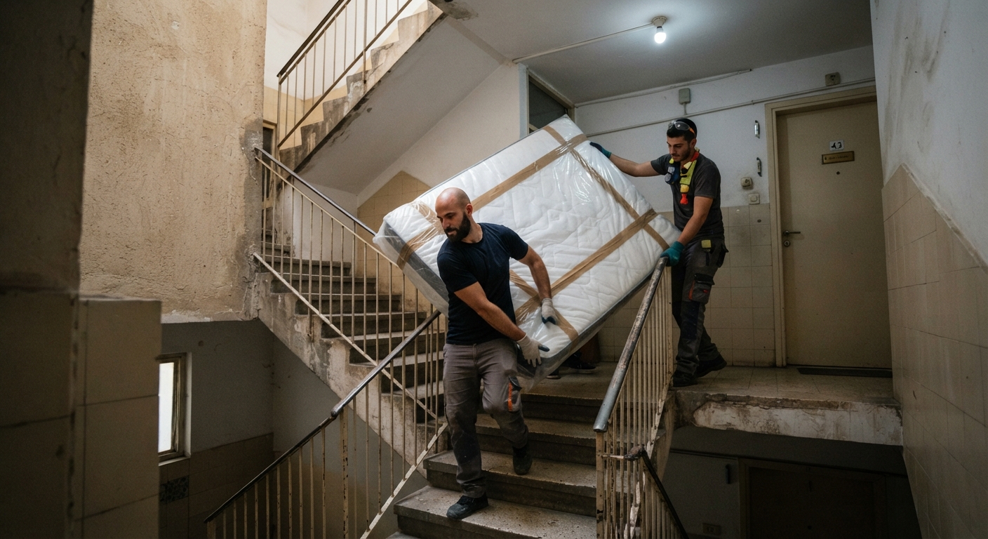 צוות מקצועי של חברת פינוי דירות מוביל ומפנה מזרן זוגי גדול בבטחה במורד חדר מדרגות צר בבניין ישן ללא מעלית.