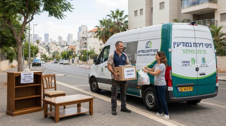 צוות מקצועי של פינוי דירות מוביל רהיטים ישנים במצב טוב מתוך דירה במודיעין לצורך תרומה לעמותות ומיחזור
