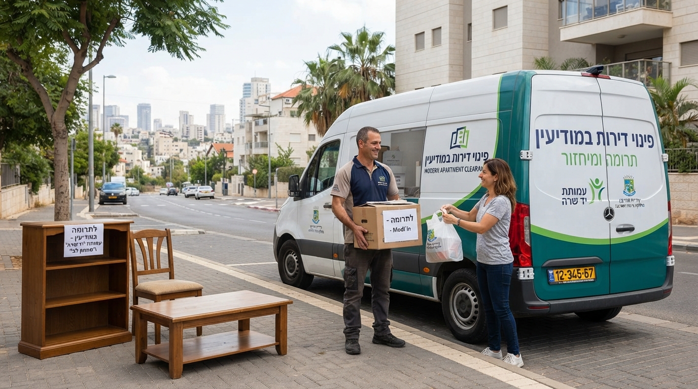 צוות מקצועי של פינוי דירות מוביל רהיטים ישנים במצב טוב מתוך דירה במודיעין לצורך תרומה לעמותות ומיחזור