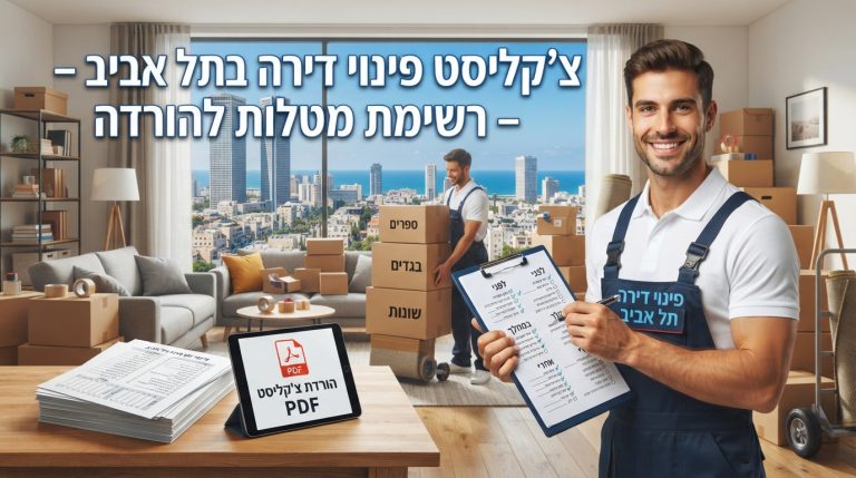 איור של צ'קליסט משימות מסודר לצד ארגזי קרטון ארוזים בדירה תל אביבית מוארת, כהכנה לתהליך פינוי דירה יעיל ומהיר.