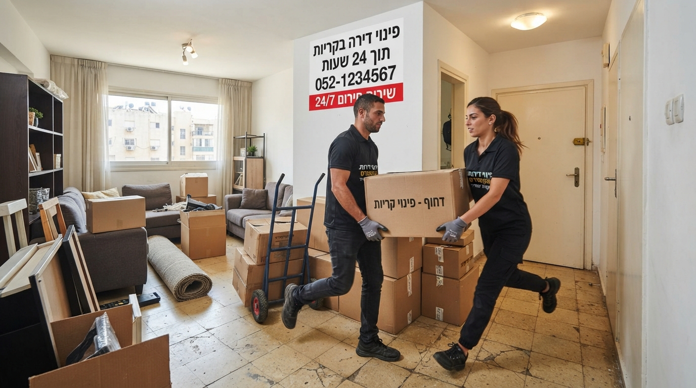 צוות מקצועי של מפני דירות מרוקן דירה במהירות ומעמיס ציוד למשאית, על רקע סביבה עירונית בקריות. מייצג שירות פינוי דירה דחוף תוך 24 שעות.