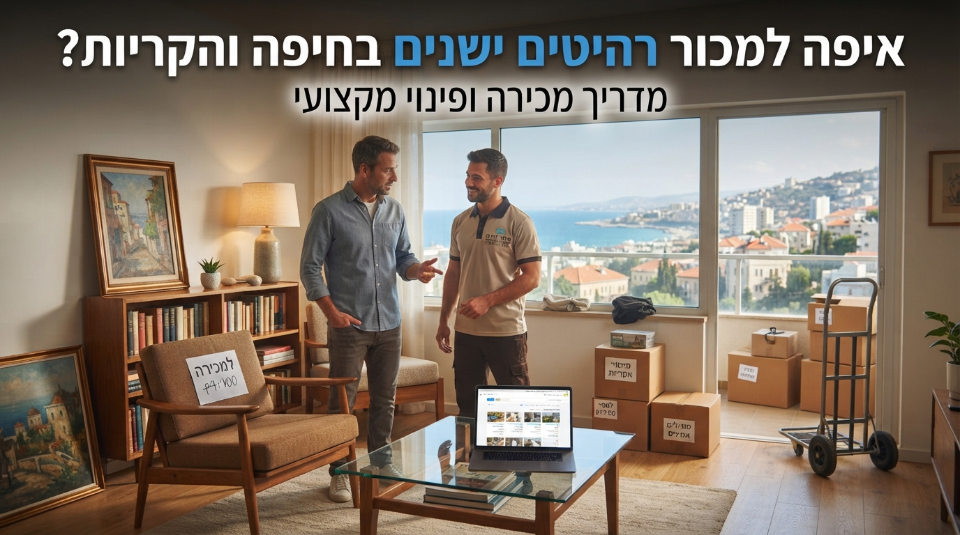 רהיטי וינטג' ויד שנייה מסודרים בבית בחיפה, המציגים אפשרויות למכירת רהיטים ישנים ופינוי תכולת דירה בצפון.