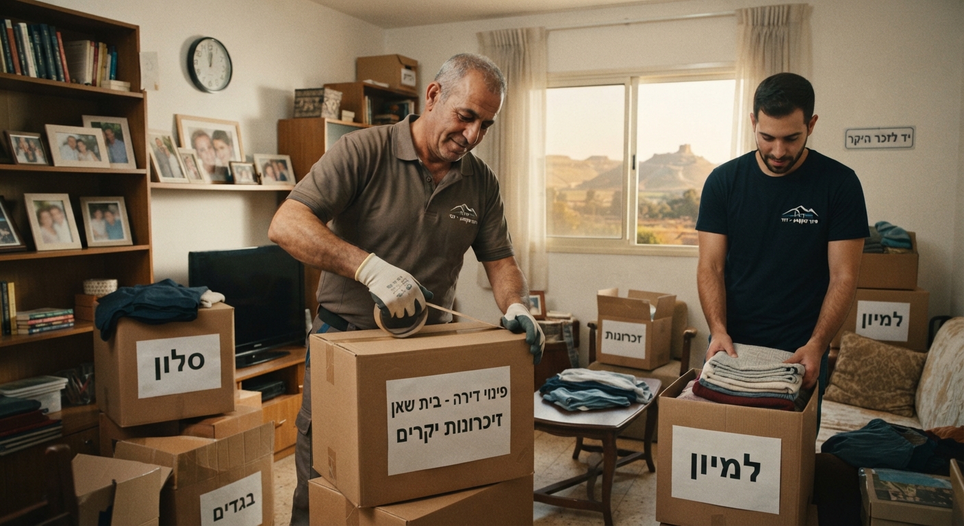 דירה מסודרת בבית שאן בתהליך מיון ופינוי תכולה ברגישות, עם ארגזים ארוזים לקראת פינוי דירת נפטר.