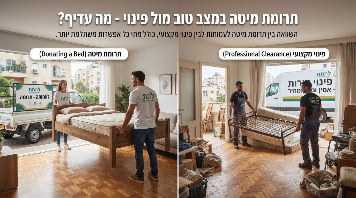 השוואה חזותית בין תרומת מיטה במצב טוב לעמותה לבין פינוי מיטה מקצועי ומהיר על ידי חברת פינוי דירות.