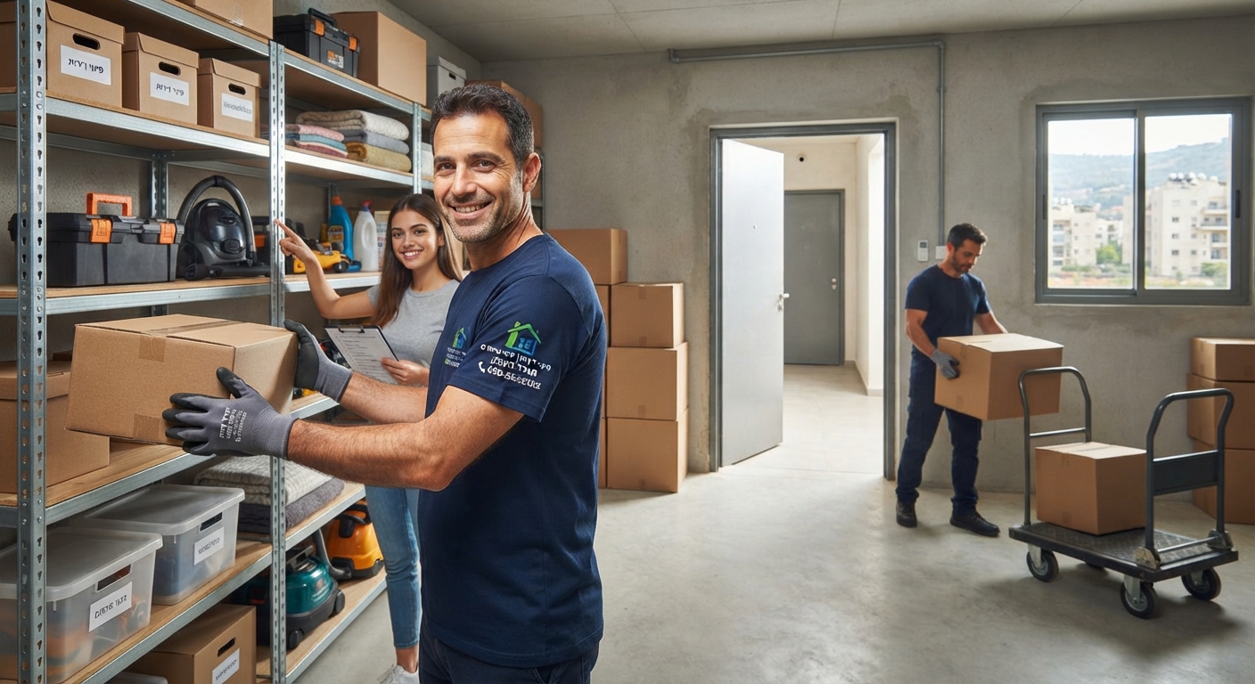 צוות מקצועי מפנה ומארגן מחסן עמוס בארגזים וחפצים ישנים בבית במגדל העמק, כחלק משירות פינוי חדרי אחסון ועפולה.