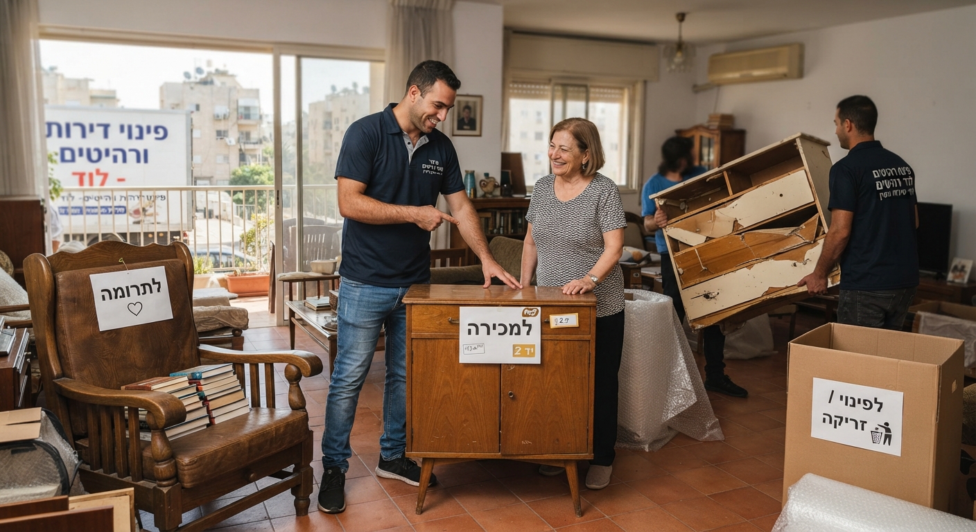 אילוסטרציה של פינוי רהיטים ישנים בלוד: ספה וארון ישנים הממוקמים בצומת החלטה עם סמלים של לב (לתרומה), מטבע (למכירה) ומשאית פינוי (לזריקה/מיחזור).