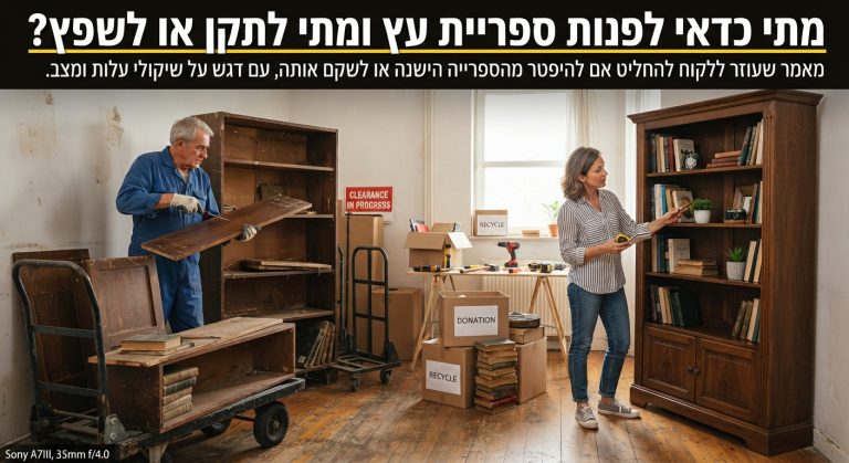 השוואה בין ספריית עץ ישנה ובלויה לבין ספריית עץ משופצת ומחודשת, להמחשת הדילמה בין פינוי רהיטים לבין שחזור וצביעה של רהיטי עץ עתיקים.