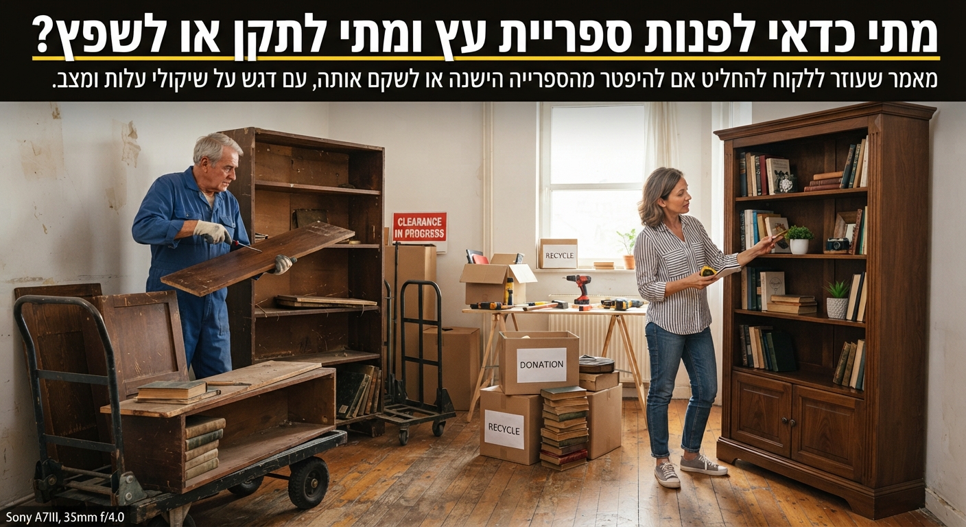 השוואה בין ספריית עץ ישנה ובלויה לבין ספריית עץ משופצת ומחודשת, להמחשת הדילמה בין פינוי רהיטים לבין שחזור וצביעה של רהיטי עץ עתיקים.