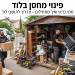 צוות מקצועי של חברת פינוי דירות ומחסנים מארגן ומפנה מחסן עמוס בלוד, מציג את תהליך הסידור והפינוי.