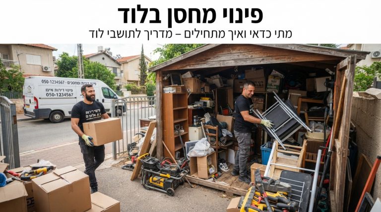 צוות מקצועי של חברת פינוי דירות ומחסנים מארגן ומפנה מחסן עמוס בלוד, מציג את תהליך הסידור והפינוי.