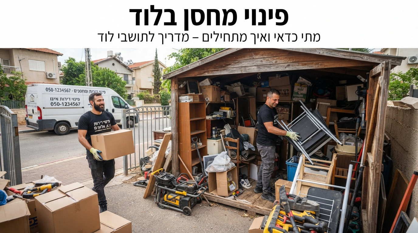 צוות מקצועי של חברת פינוי דירות ומחסנים מארגן ומפנה מחסן עמוס בלוד, מציג את תהליך הסידור והפינוי.