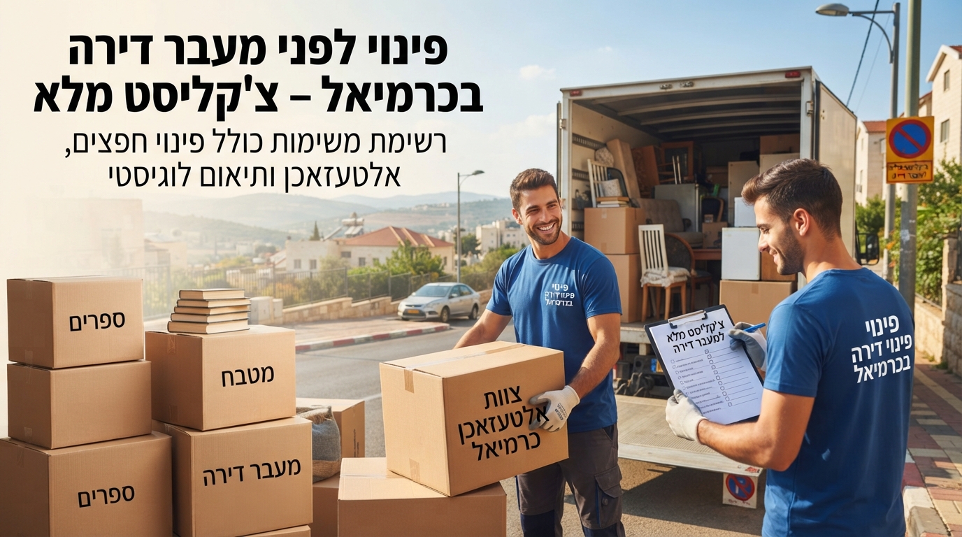 ארגזי קרטון ארוזים למעבר דירה בכרמיאל לצד לוח כתיבה עם צ'קליסט משימות מסודר לפינוי חפצים מיותרים.