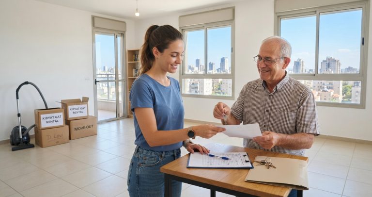 דירה שכורה בקריית גת לאחר פינוי וניקיון, מוכנה למסירה חזרה לבעל הבית עם ארגזים ארוזים ומפתחות.