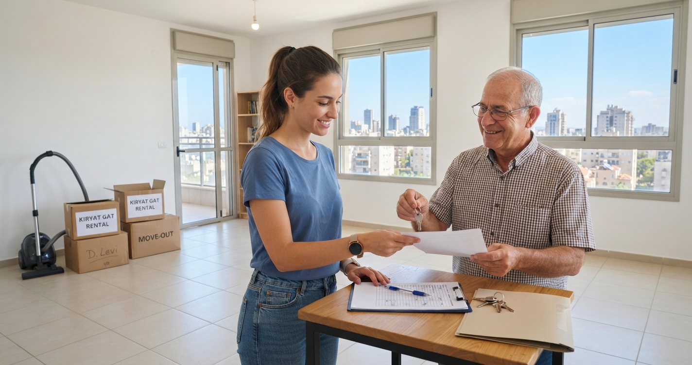 דירה שכורה בקריית גת לאחר פינוי וניקיון, מוכנה למסירה חזרה לבעל הבית עם ארגזים ארוזים ומפתחות.