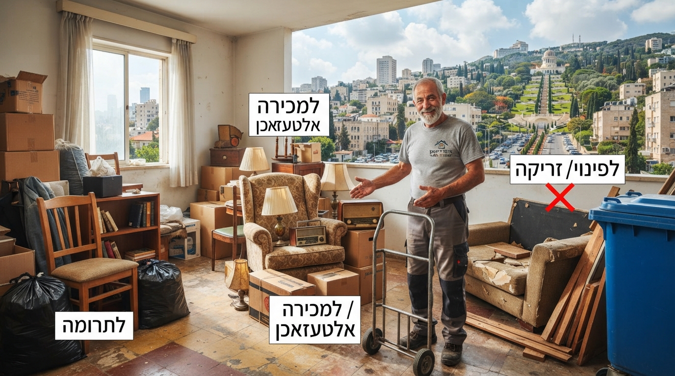 רהיטי עץ עתיקים וישנים בדירה בחיפה, המייצגים את הדילמה בין זריקה, תרומה או פנייה לשירות אלטעזאכן ופינוי דירות.