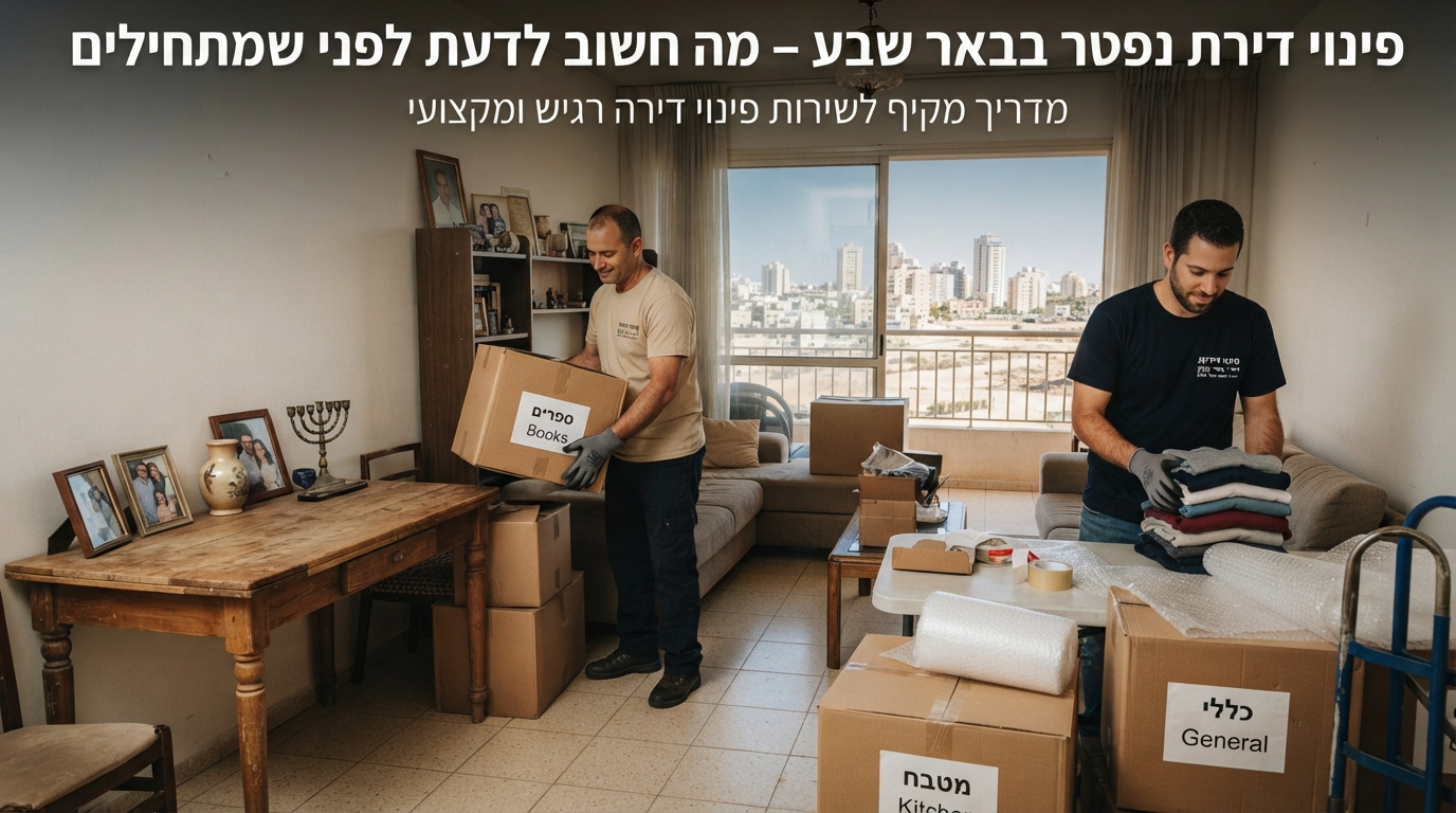 דירה בבאר שבע בתהליך מיון ופינוי תכולה, עם ארגזים ארוזים בצורה מסודרת ומכבדת הממחישה פינוי דירת נפטר.