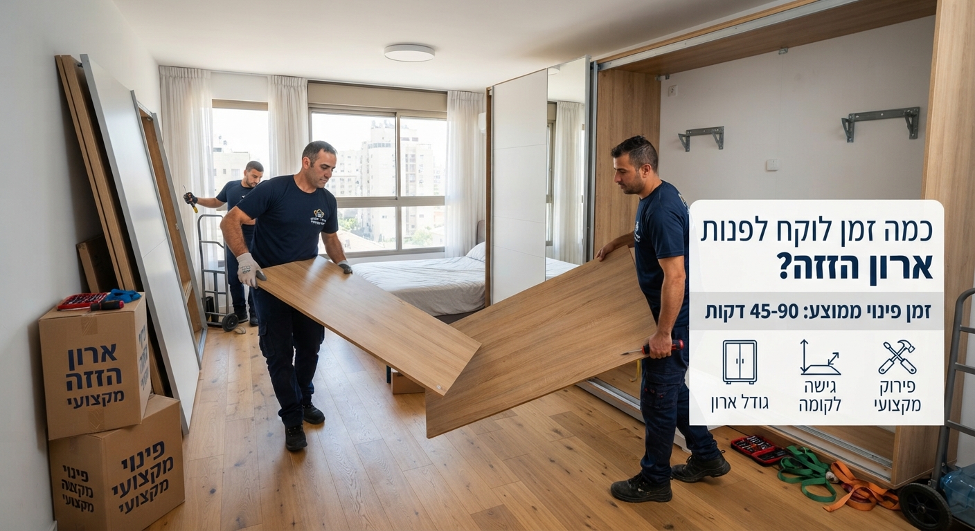 שני אנשי מקצוע מחברת פינוי דירות מפרקים בזהירות ארון הזזה גדול מעץ בחדר שינה