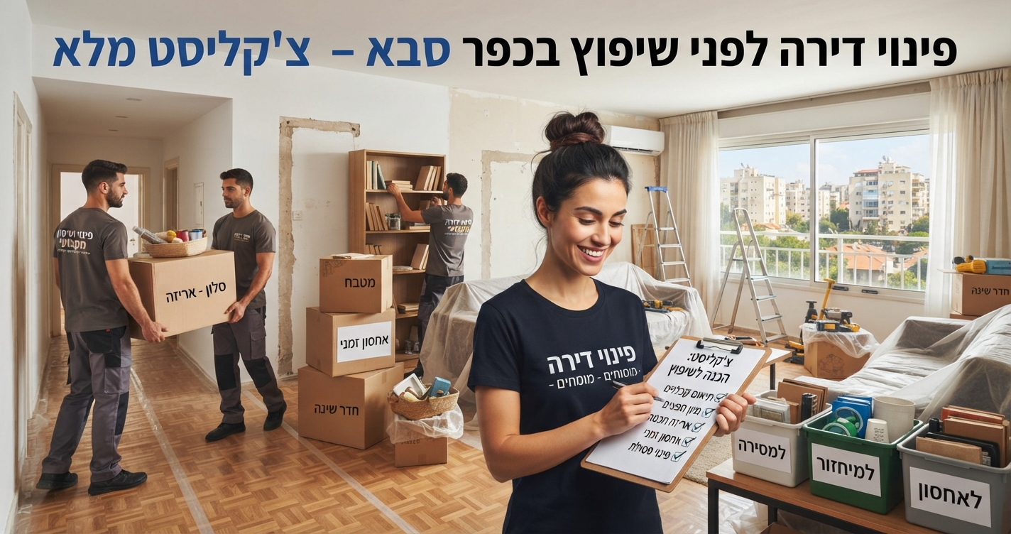 חלל דירה בכפר סבא בשלבי פינוי ואריזה מתקדמים, עם ארגזים מסודרים וחלל נקי המוכן לתחילת עבודות שיפוץ ובינוי.