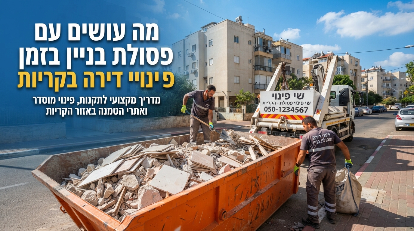 צוות מקצועי מפנה פסולת בניין לתוך מכולת פינוי ייעודית ברחוב בקריות במהלך פרויקט פינוי דירה ושיפוץ.