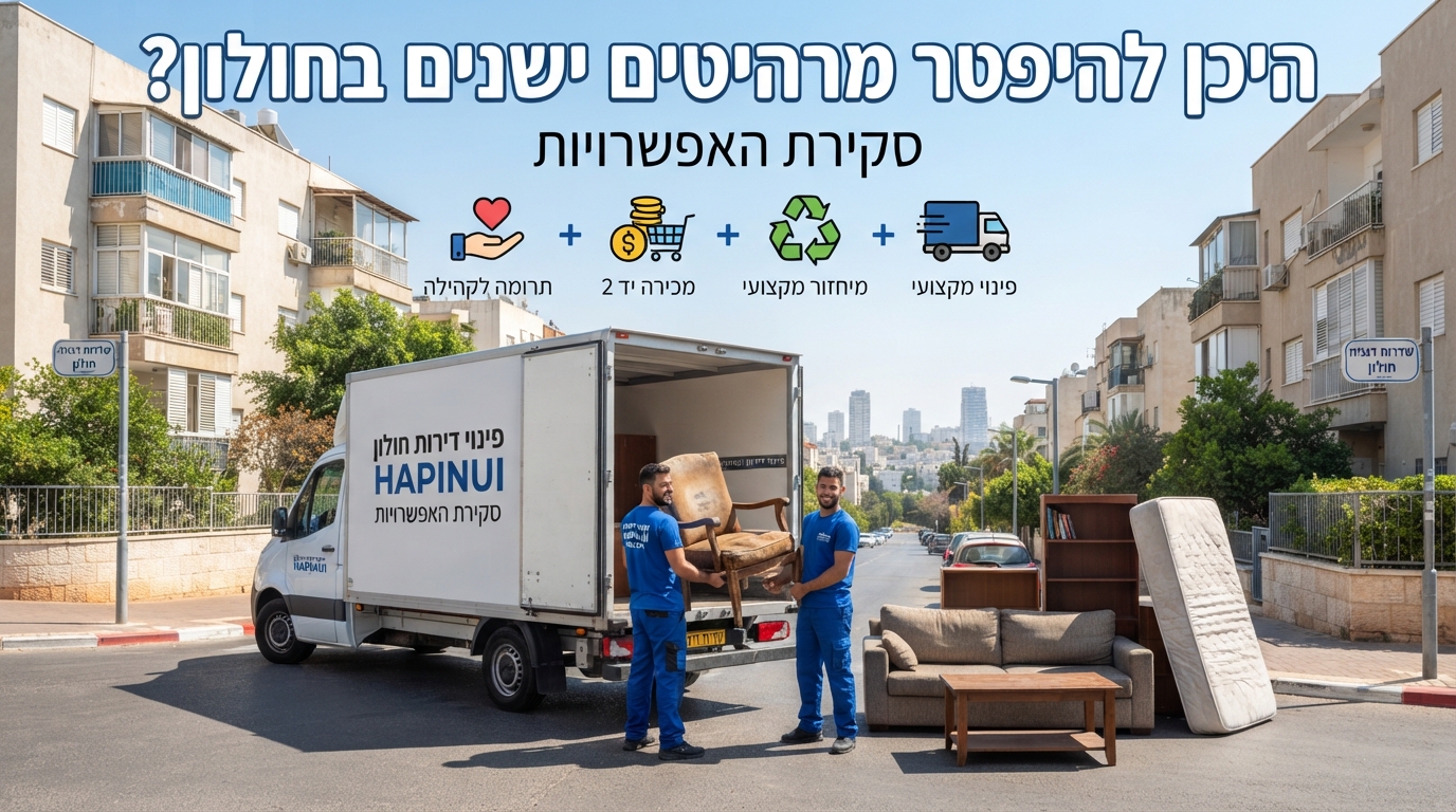 רהיטים ישנים המיועדים לפינוי, תרומה או מיחזור על רקע נוף עירוני בחולון, הממחישים את האפשרויות השונות לפינוי תכולת דירה בעיר.