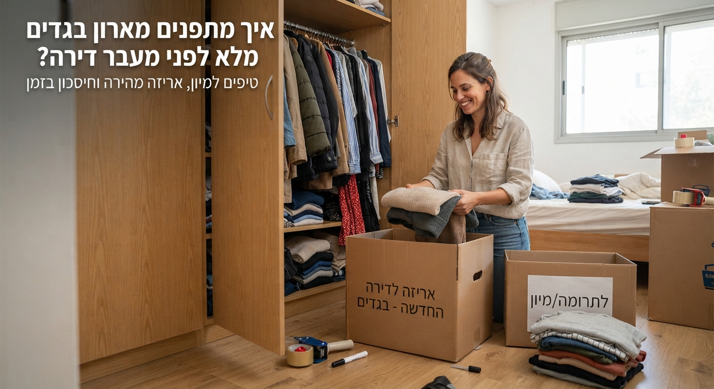 ארון בגדים פתוח ועמוס בבגדים, לצדו ארגזי קרטון לאריזה וערימות בגדים ממוינות על הרצפה כהכנה לפינוי ומעבר דירה.
