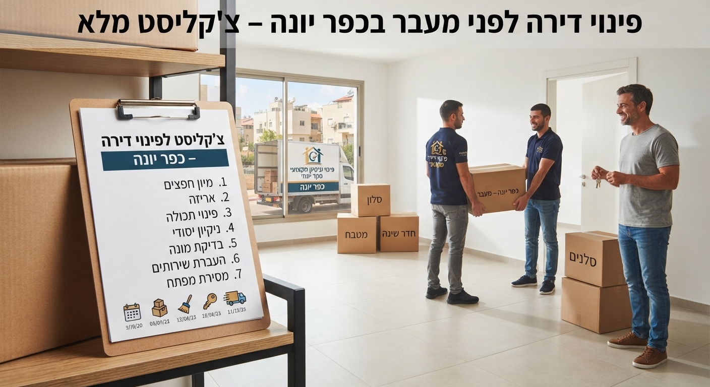 דירה מוארת ומאורגנת בתהליך פינוי בכפר יונה, עם ארגזי קרטון ארוזים ולוח כתיבה המציג צ'קליסט משימות מפורט לקראת מעבר דירה.