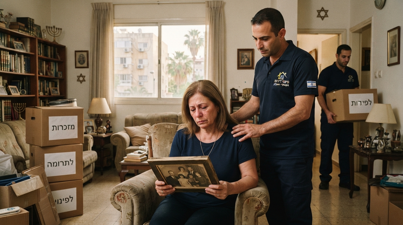 סלון דירה מואר באשקלון בתהליך פינוי וארגון מכובד, עם ארגזי קרטון מסודרים באווירה רגועה ורגישה, הממחיש תהליך של פינוי דירת עיזבון.