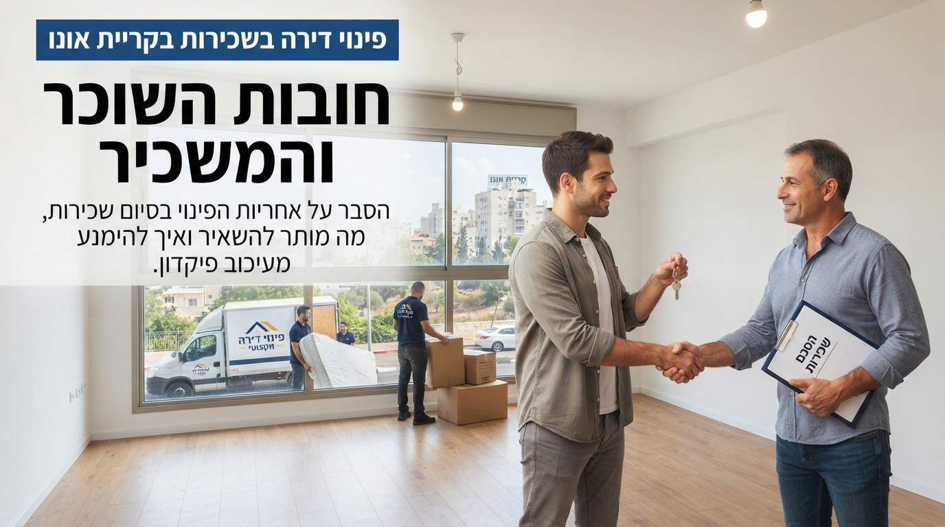 דירה שכורה נקייה ומפונה בקריית אונו, עם ארגזים ארוזים ברקע, כסמל לסיום מוצלח של חוזה השכירות והחזרת הפיקדון.