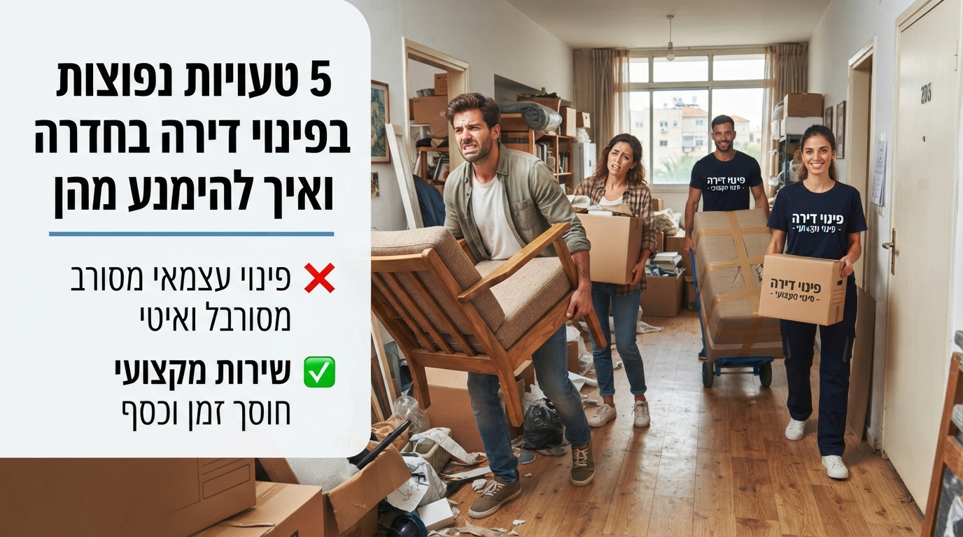 אדם עומד מתוסכל בתוך דירה עמוסה בציוד וארגזים בחדרה, הממחיש את הקושי בפינוי דירה עצמאי לעומת שירות פינוי מקצועי.