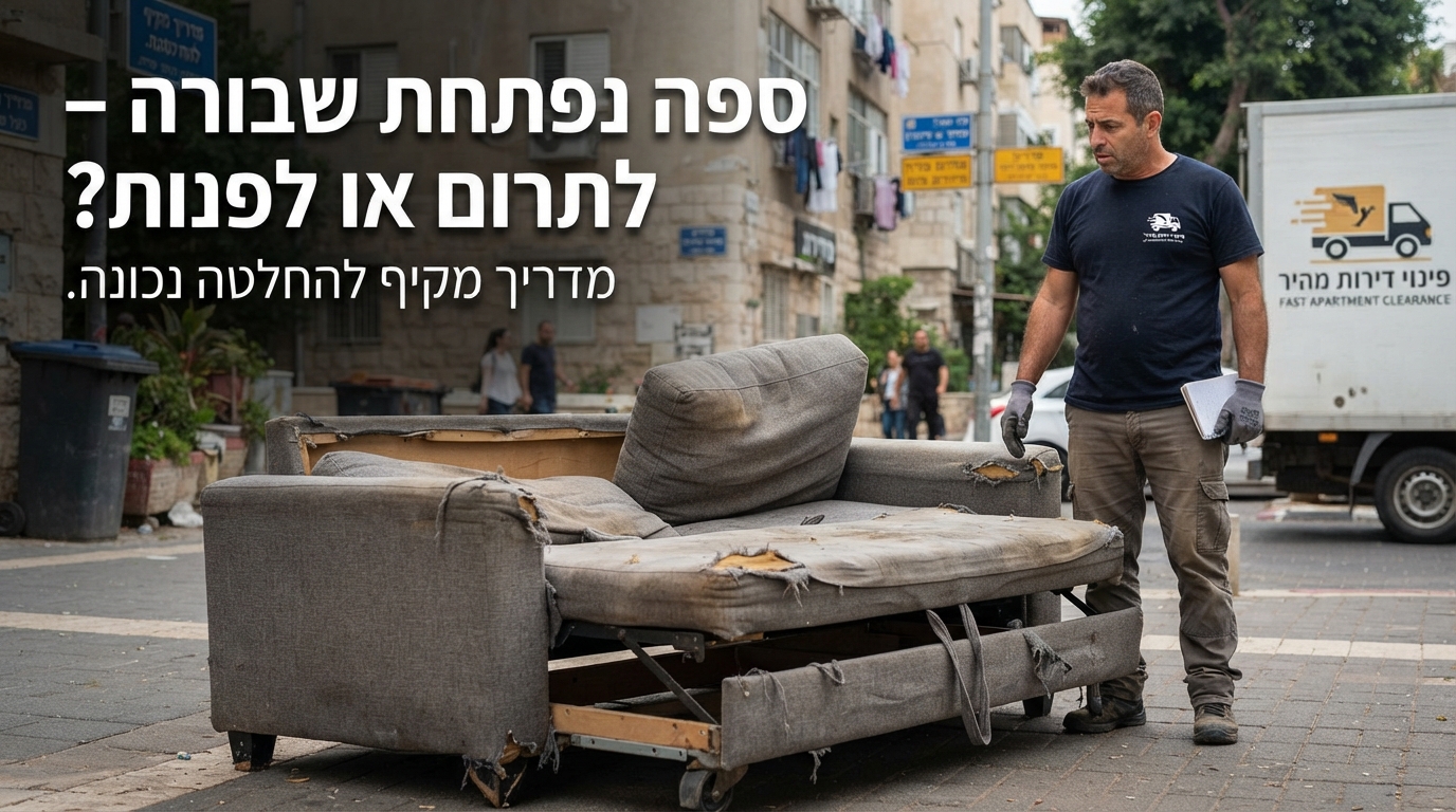 ספה נפתחת ישנה ובלויה בתוך דירה, המייצגת את הדילמה האם ניתן לתרום אותה או שיש צורך בשירות פינוי דירות לאתר פסולת.