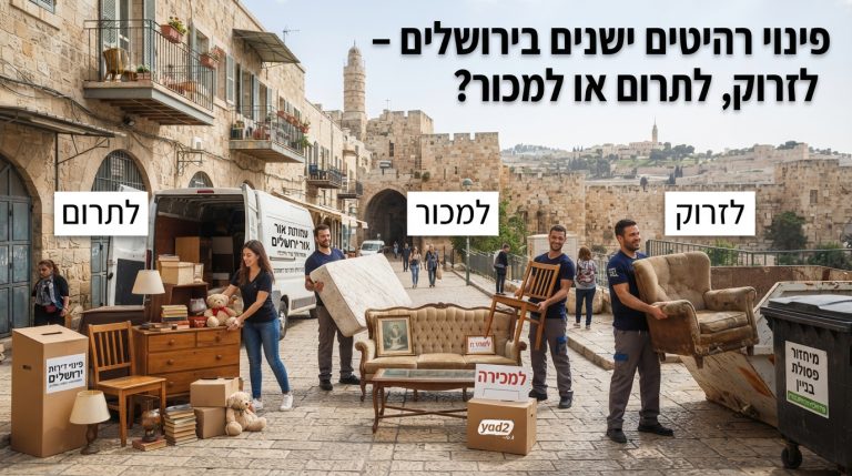 רהיטים מעוצבים וישנים בדירה ירושלמית עם נוף לחומות, המייצגים את הדילמה בין תרומת רהיטים, מכירה ביד שנייה או פינוי לפסולת.
