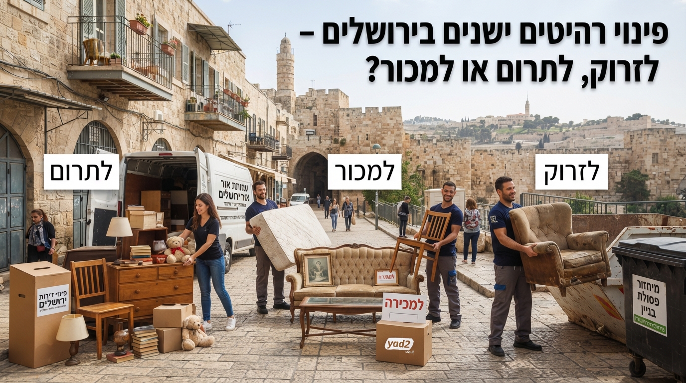 רהיטים מעוצבים וישנים בדירה ירושלמית עם נוף לחומות, המייצגים את הדילמה בין תרומת רהיטים, מכירה ביד שנייה או פינוי לפסולת.