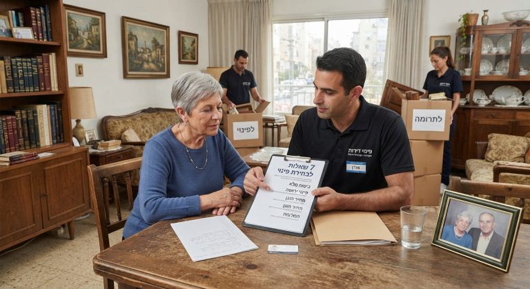 אנשי מקצוע של חברת פינוי דירות אורזים ומסדרים חפצים בדירת ירושה ברגישות ובסדר, כחלק מתהליך פינוי תכולת דירה.