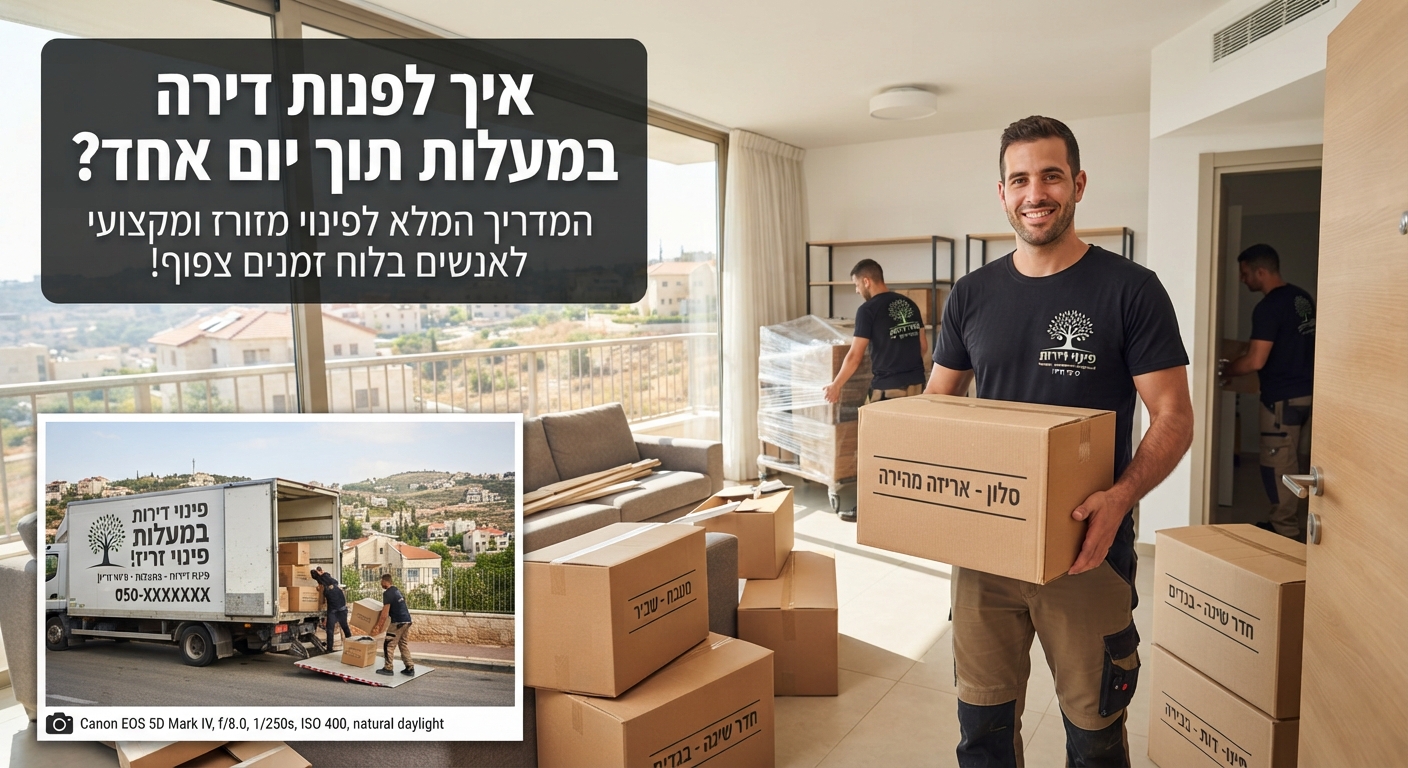 דירה מסודרת במעלות במהלך פינוי מהיר, עם קרטונים ארוזים וצוות פינוי מקצועי, הממחיש פינוי דירה ביום אחד בלוח זמנים צפוף.