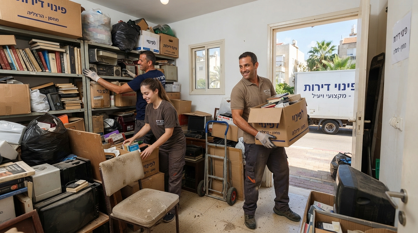מחסן ביתי עמוס בארגזים, חפצים ישנים ורהיטים בהרצליה, הממחיש את הצורך בשירות פינוי מחסנים מקצועי ויעיל.