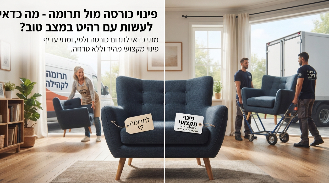 כורסה מעוצבת במצב מצוין המוצגת לצד סמלים המייצגים את הדילמה: תרומה לקהילה לעומת פינוי מקצועי ומהיר של רהיטים.